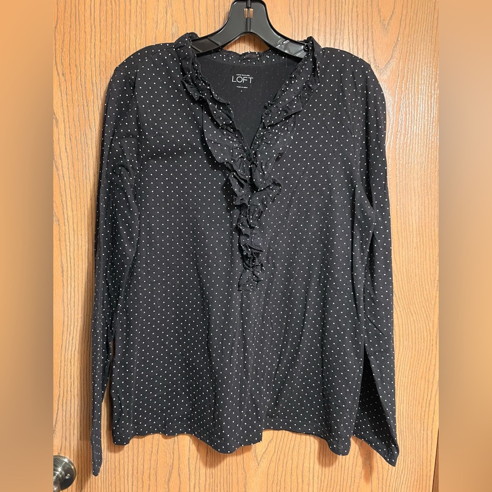 LOFT Blouse in Black with White Polka Dots and a Ruffled Neckline
